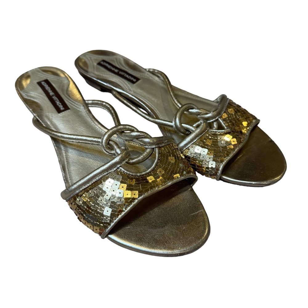 Adrienne Vittadini Low Heels Shoes Flats Open-Toe Leather w/ Gold Sequins 8.5 M